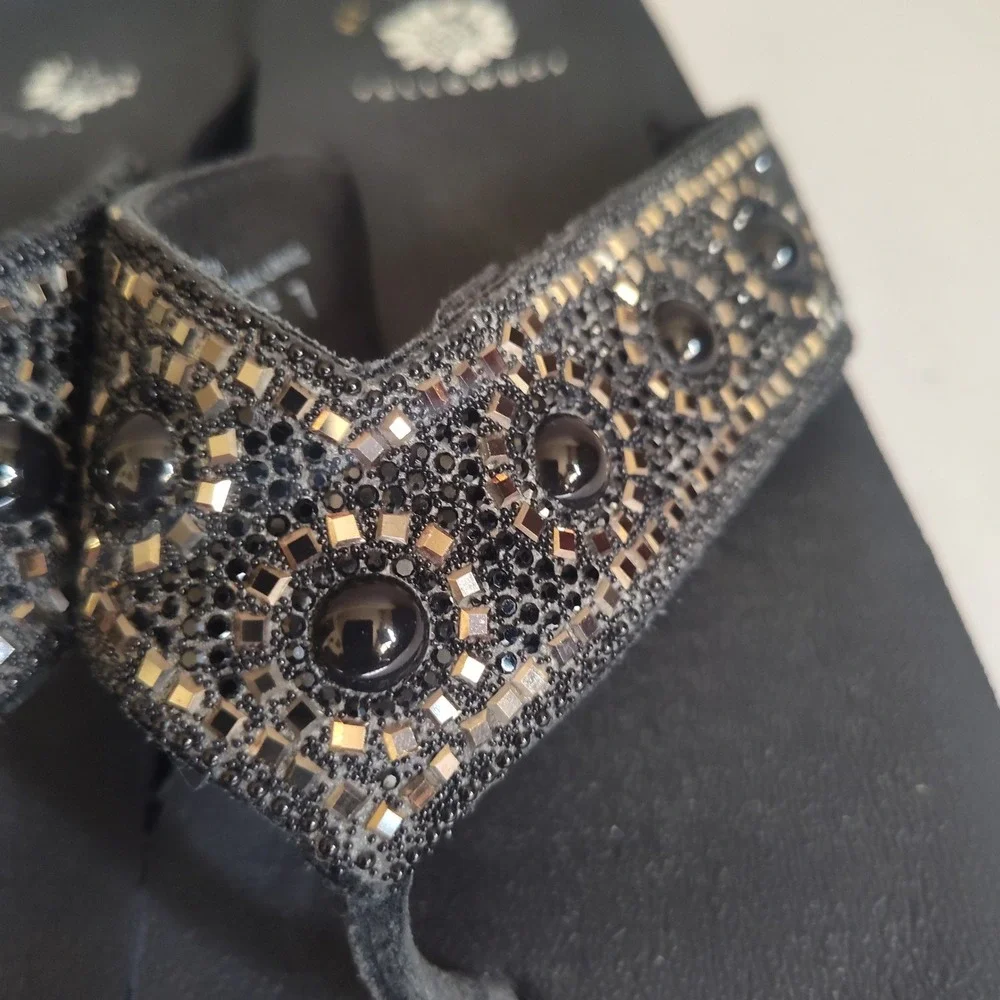 Yellow Box Blakely Black Leather Beaded Platform Flip Flops Womens Size 7 - Picture 2 of 7